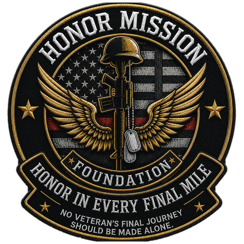 Honor Mission Foundation emblem with a battlefield cross, wings, dog tags, American flag, red stripe, gold border, and the words Honor in Every Final Mile